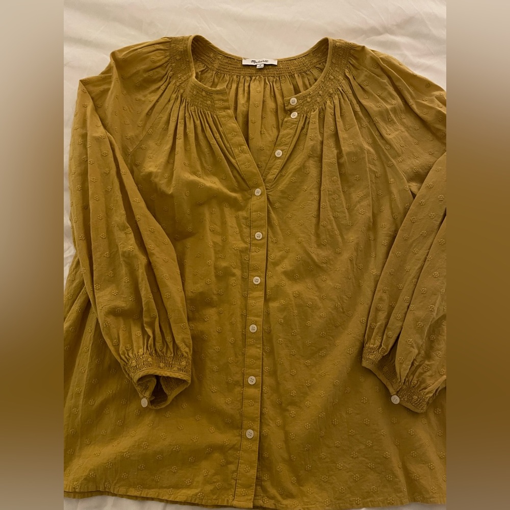 Madewell floral embroidered smocked-neck raglan top
